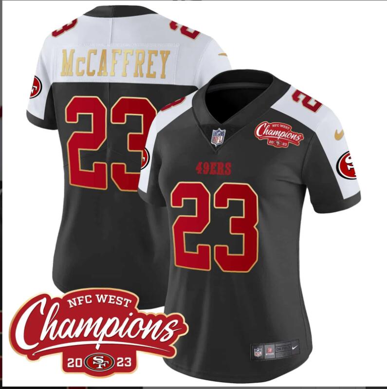 Women San Francisco 49ers #23 Mccaffrey NFC West Champions Gold Trim black 2024 NFL Nike jerseys->women nfl jersey->Women Jersey
